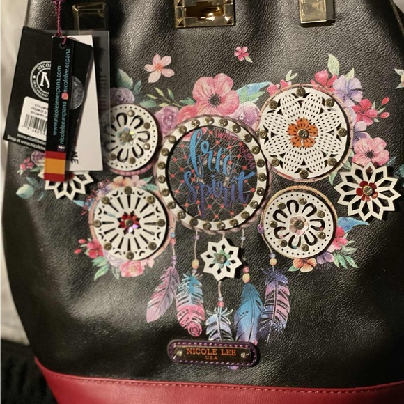 Nicole Lee Handbags - Nicole Lee Black and Red Floral Dreamcatcher Backpack